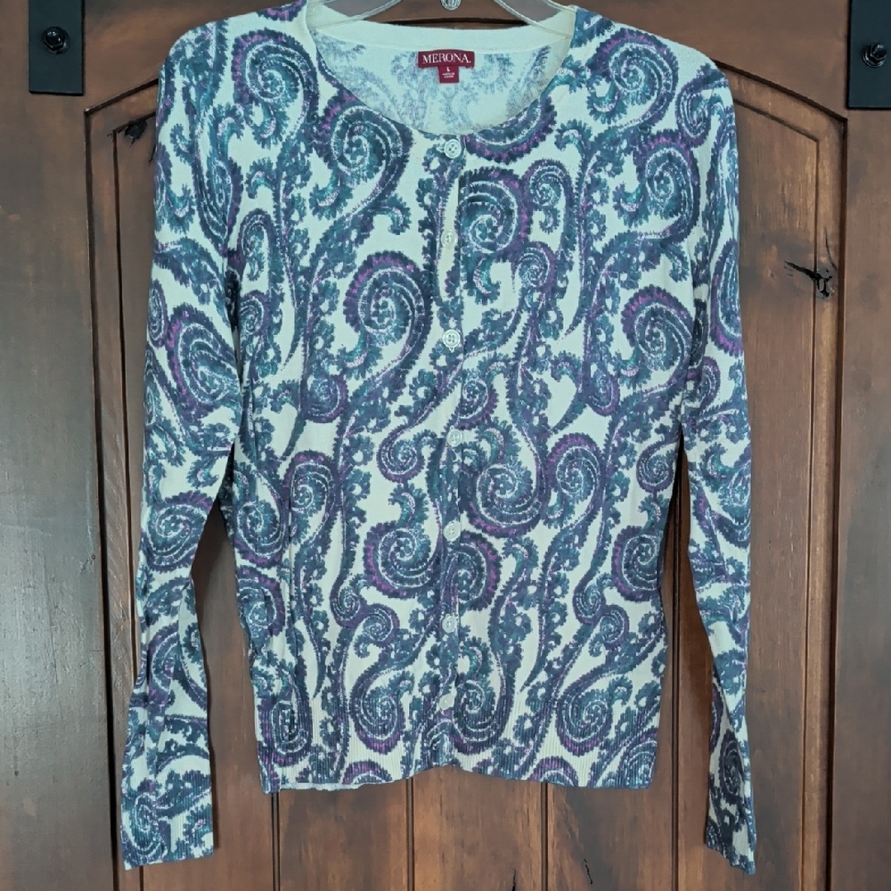Merona White Cardigan with Purple and Blue Paisley Print